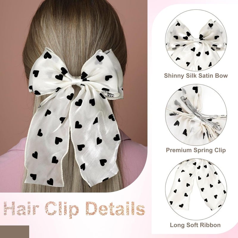 STSTR 2Pcs Large Hair Bow Clips, Silk Yarn Ribbon Bow Hair Barrette for Women, Elegant Long Tail Bowknot French Hair Accessories for Wedding, Parties, Festivals (White Bow Black Heart) - Image 4